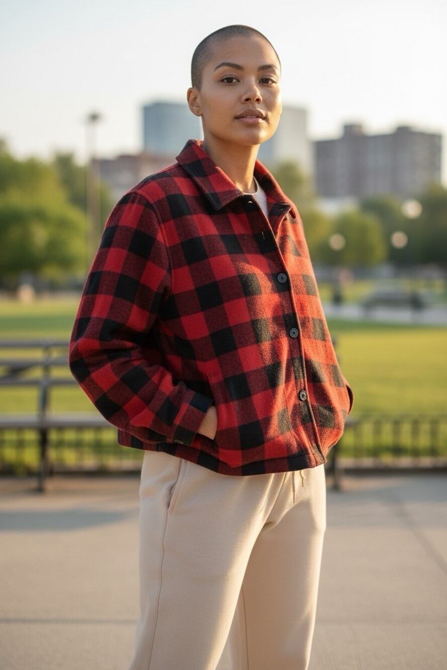 Bechamel Red Black Buffalo Plaid Chore Shacket Jacket Gorpcore Comfy Cozy Sz L